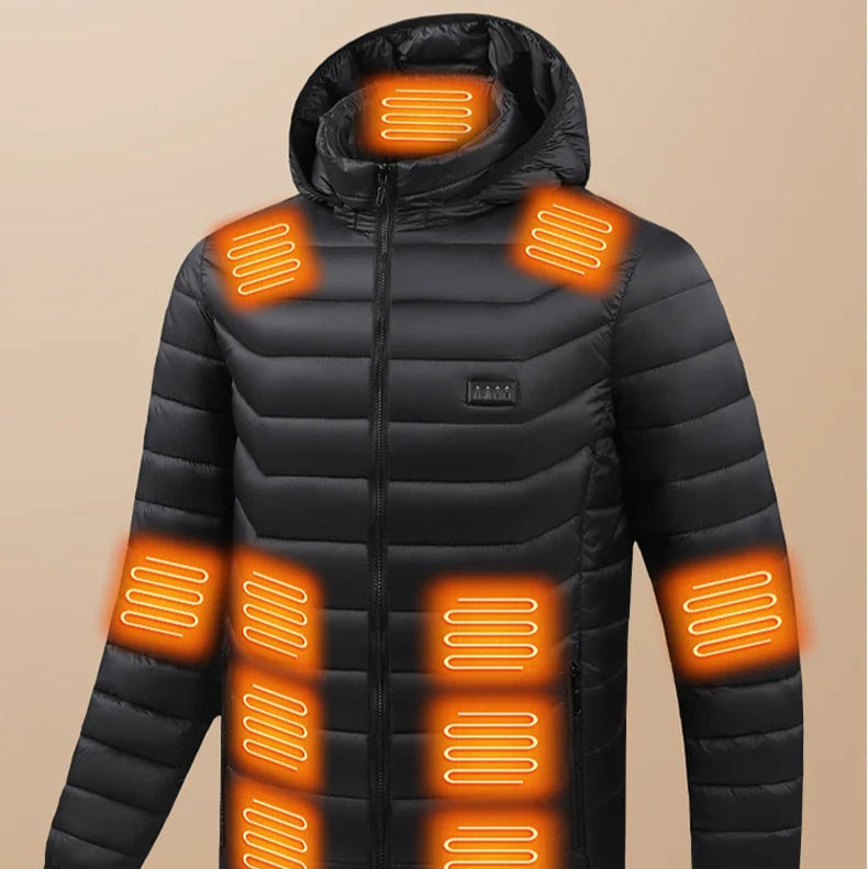 Black electric heated vest with glowing heating elements on a beige background